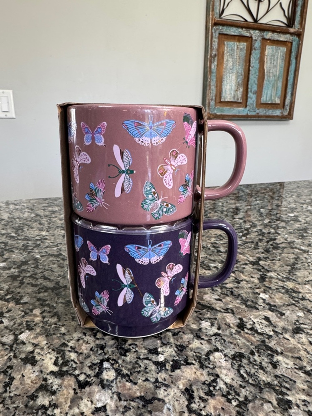 Thyme & Table Flutter butterfly Ceramic Mug Set - Mauve Pink purple NEW